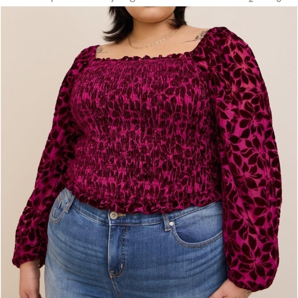 Torrid Blousom Sleeve Burned Out Smocked Velvet CropTop 3X 3 20/22